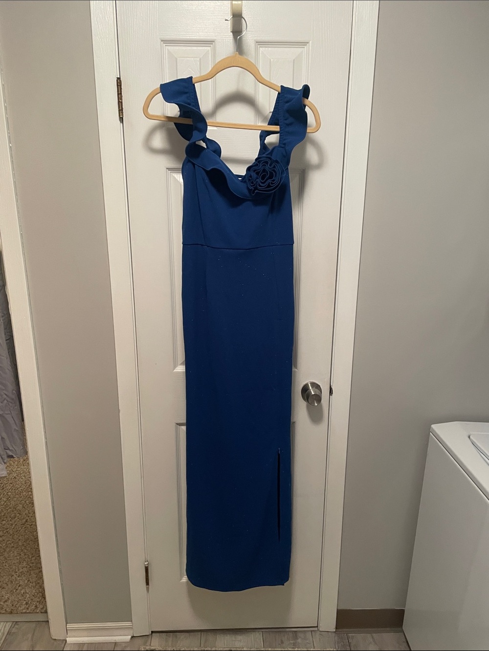 Ruffle Strap Royal Blue Maxi Dress with Floral Accent